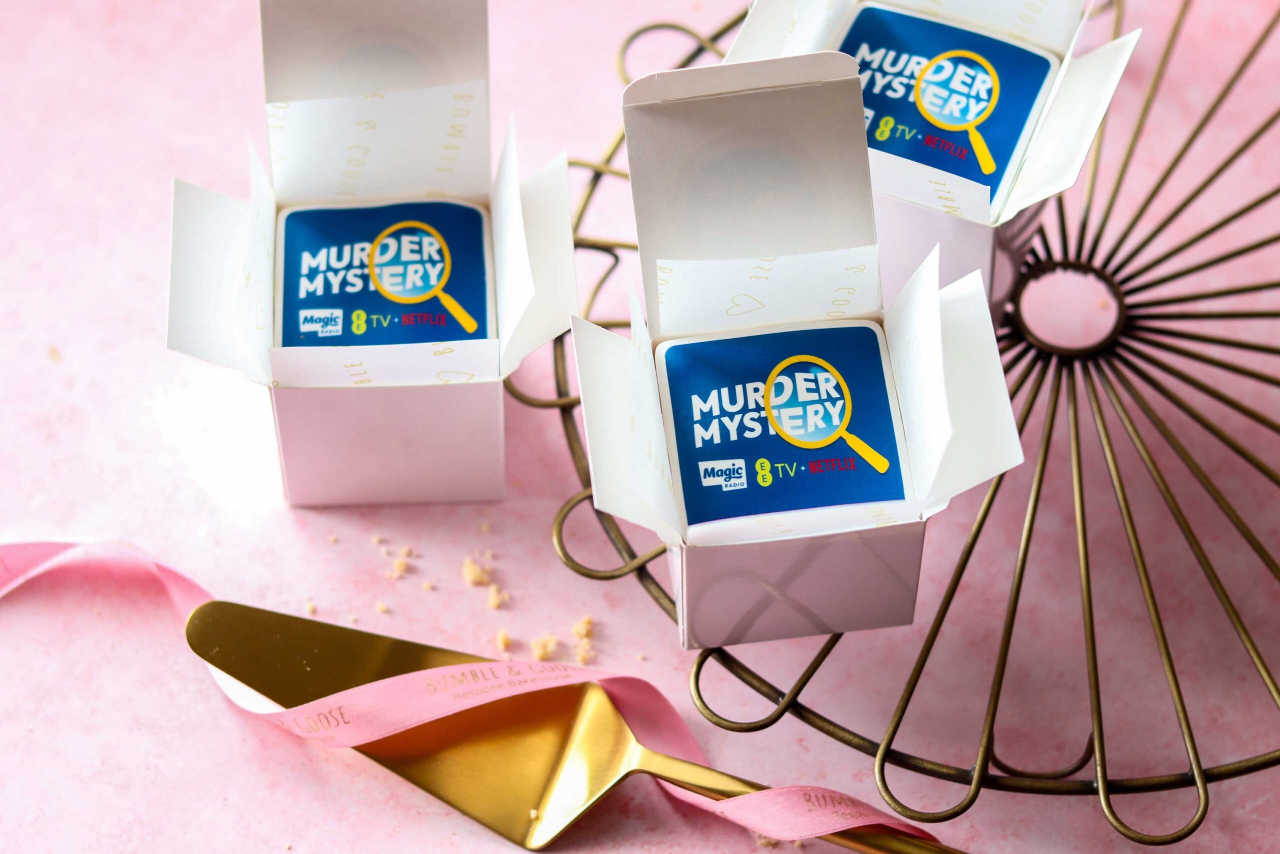 Bauer Media Group Magic Radio Netflix Murder Mystery branded mini cakes London event Bumble & Goose