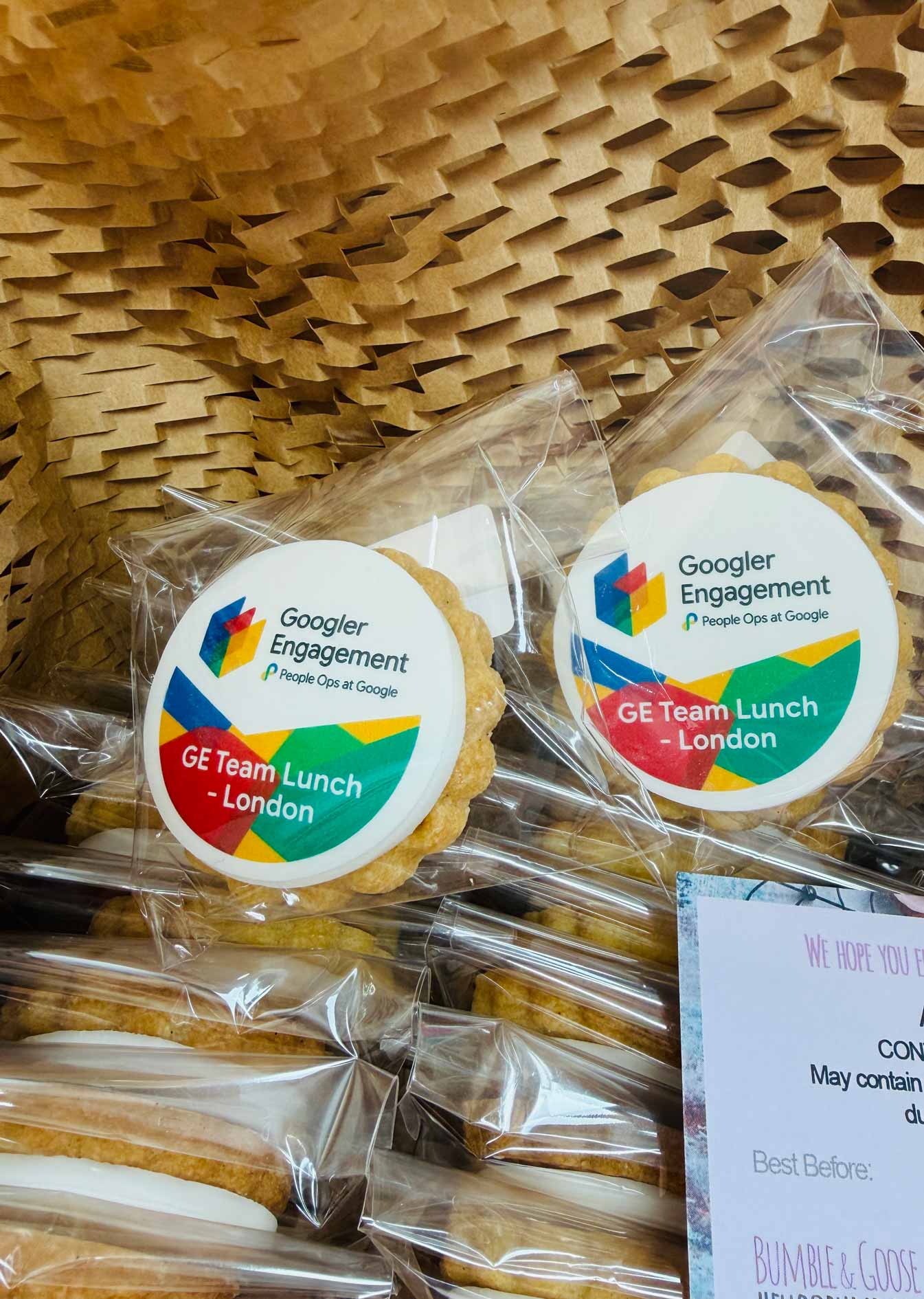 Google Googler Engagement People Ops GE Team Lunch London branded biscuits Bumble & Goose