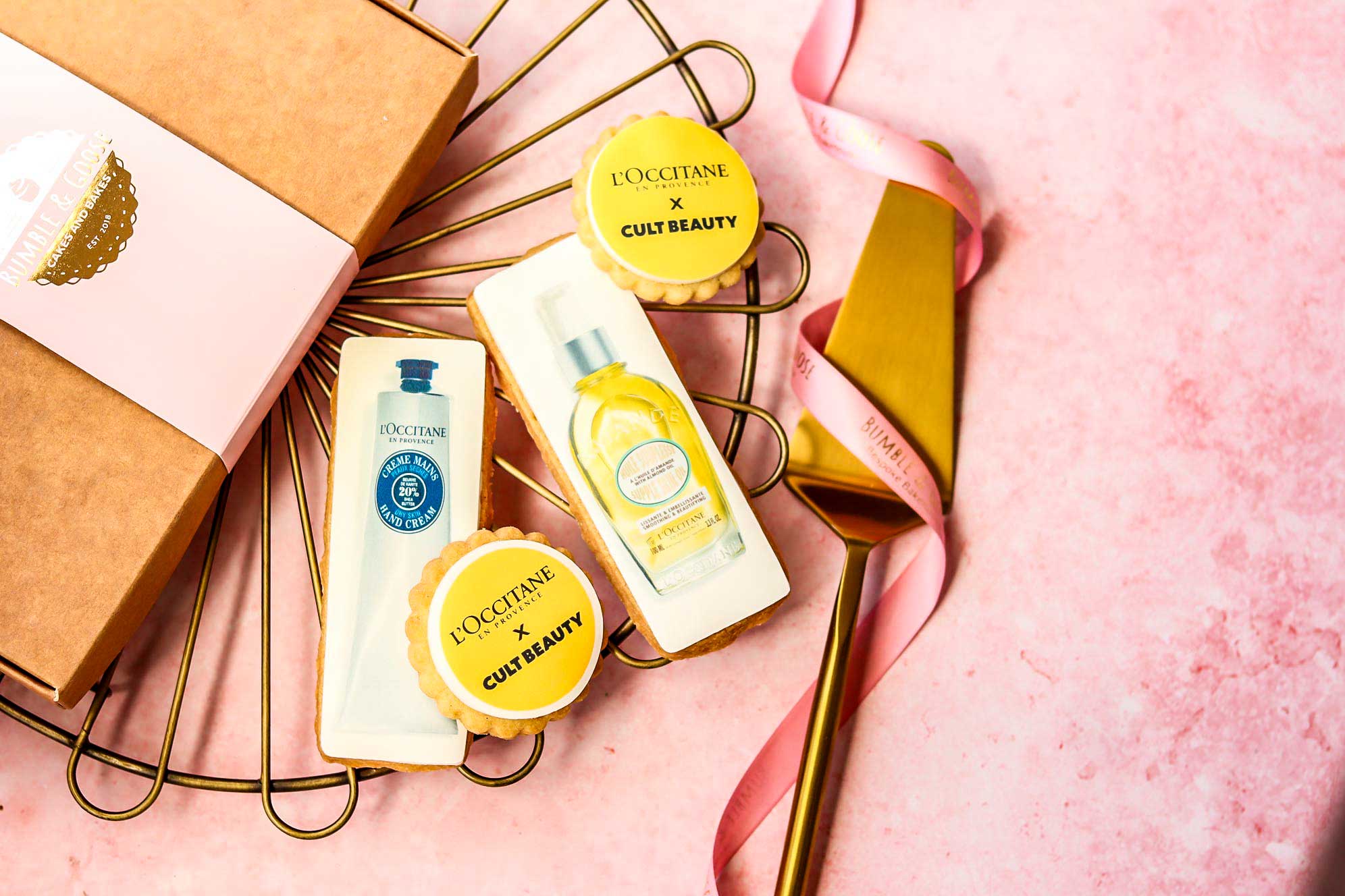 L'Occitane x Cult Beauty branded biscuits with photorealistic product replica and logo biscuits custom personalised biscuits beauty collaboration Bumble & Goose