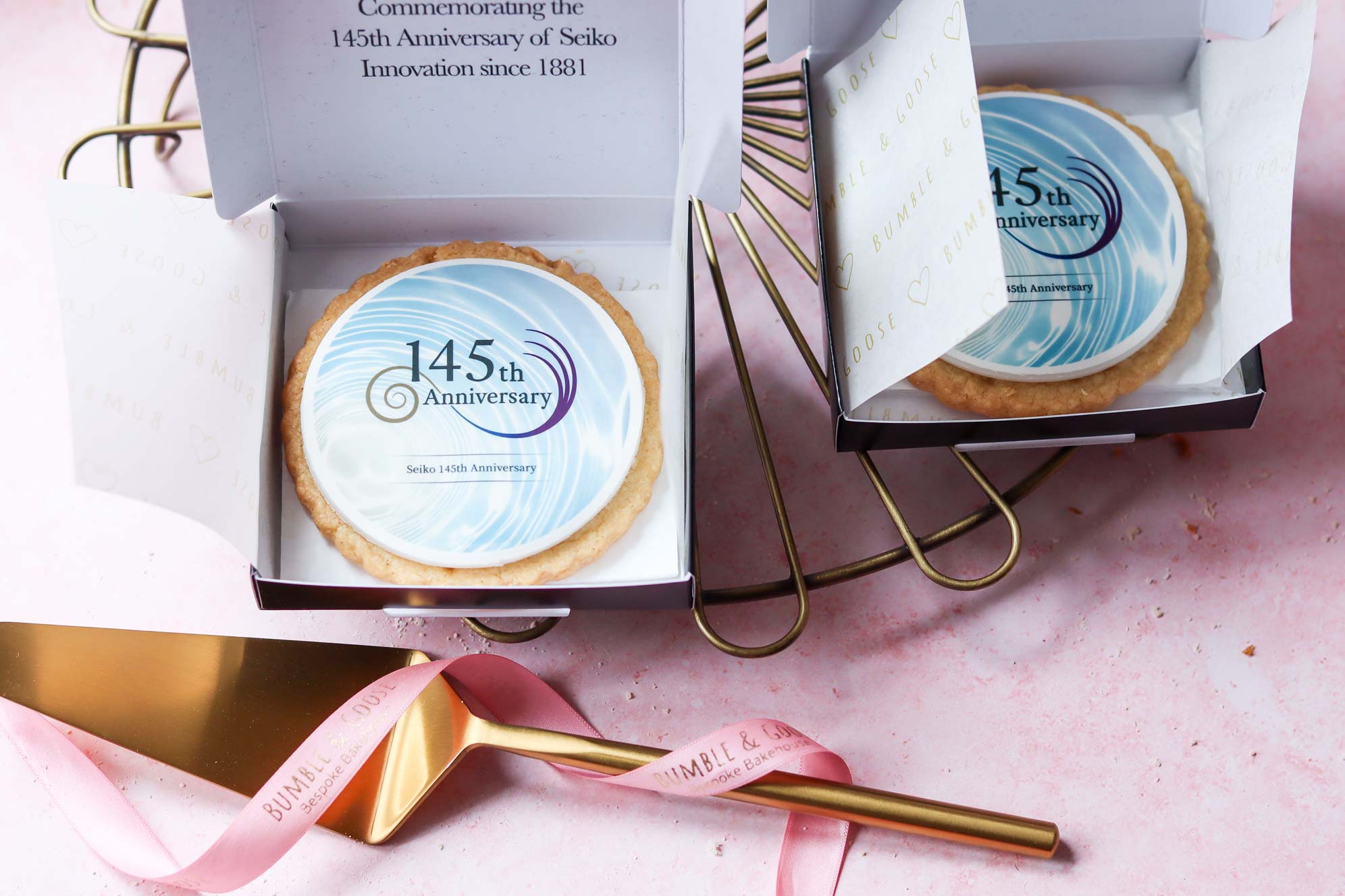 Seiko 145th Anniversary branded biscuits in individual gift boxes custom personalised biscuits London anniversary event Bumble & Goose