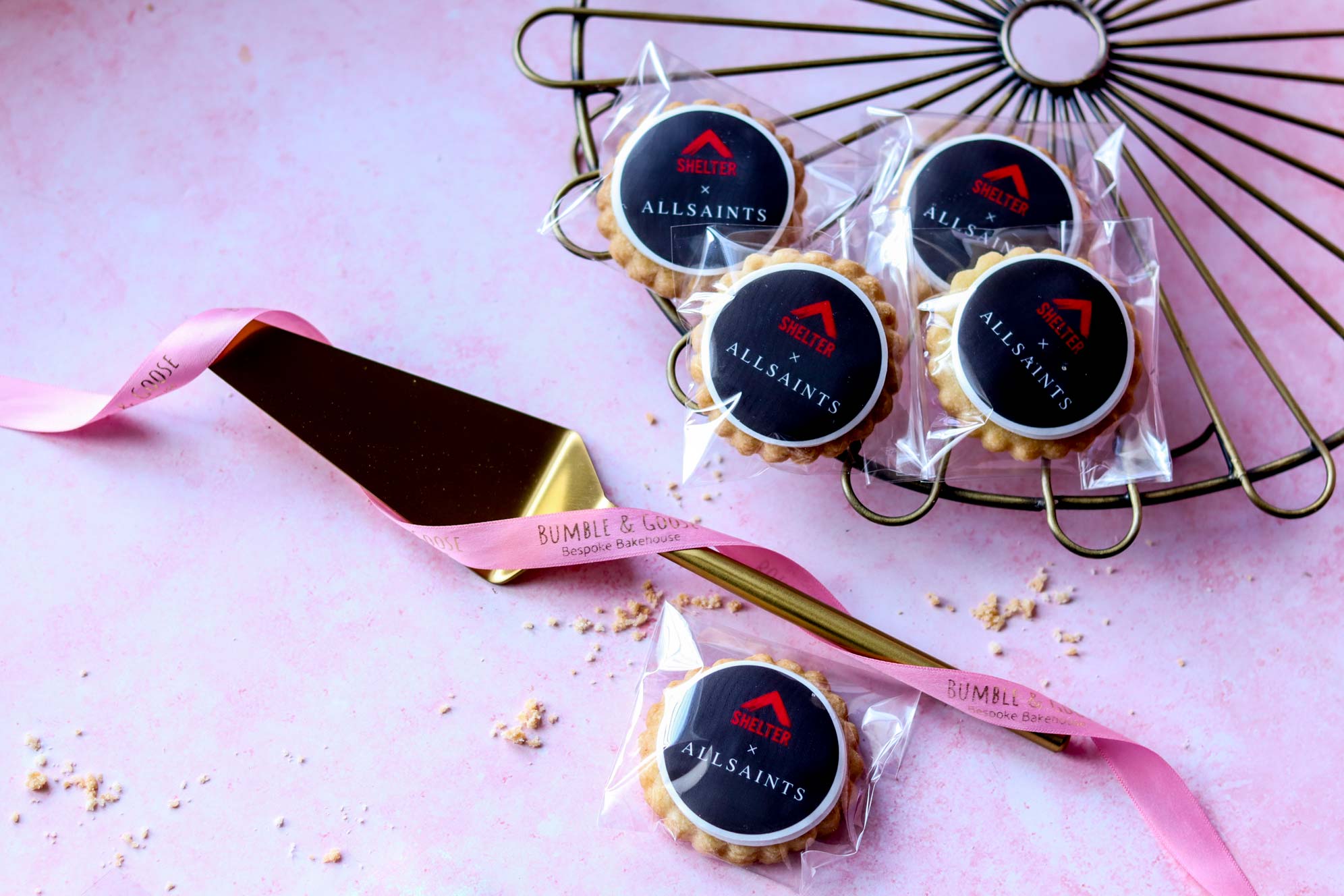 Shelter x All Saints branded biscuits London collaboration event custom personalised biscuits Bumble & Goose